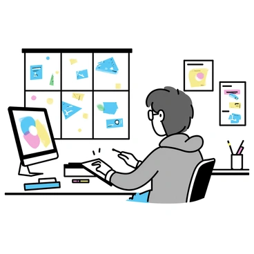 A young illustration student, wearing glasses and a grey hoodie, is seated at a sleek desk. She is focused on creating artwork on a digital tablet, with her stylus poised in mid-air. The studio is filled with large windows allowing natural light to stream in, illuminating the space. There are colorful sketches pinned on the walls and a modern computer monitor displaying additional art references. The desk has various art supplies scattered around, including markers and a sketchbook, giving the studio a creative and organized feel.
