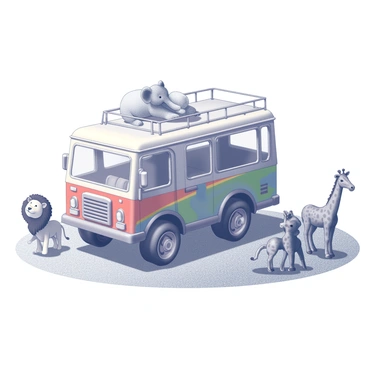 A toy bus with vibrant details is positioned prominently in the center of the image. The bus has oversized wheels, a colorful exterior, and a roof rack. Surrounding the bus are various miniature toy animals, including a lion, an elephant, a giraffe, and a zebra, all in playful poses as if they are exploring together. The bus is parked on a textured surface resembling grass or dirt, adding to the safari theme. Each animal is finely crafted, showcasing distinct features representative of their species. The overall scene conveys a sense of adventure and exploration in a miniature landscape.