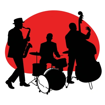 A duotone illustration features black silhouettes of jazz musicians in action against a vibrant red background. The musicians are depicted in various dynamic poses, with one playing a saxophone, another on a double bass, and a drummer in mid-strike. Each silhouette is sharply defined, capturing the energy and movement of a lively jazz performance. The scene conveys a sense of rhythm and passion, with the musicians appearing to swirl and sway to an invisible beat.