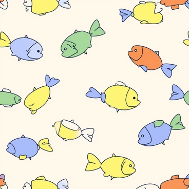 A repeating pattern of flounders in various colors arranged in a grid-like formation. Each flounder is depicted with a distinct shade, including shades of blue, green, yellow, and orange. The fish are oriented in different directions, some facing left and others facing right. The background of the fabric is a subtle off-white color, providing contrast to the vibrant flounders. The pattern creates a cohesive and playful design suitable for fabric use.