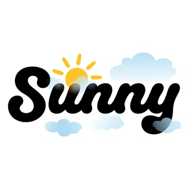 The word "Sunny" is formed using large, fluffy clouds and bright yellow suns. The clouds have varying shades of white and light gray, giving them a puffy texture. The suns are illustrated with golden rays extending outward, contrasting against the clouds. The setting is complemented by a blue gradient background, enhancing the visibility of the weather map elements. Each letter of the word is constructed with a blend of these weather features, creating a cohesive and vibrant display.