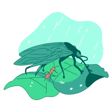A teal cicada is perched on a large green leaf, using it as an umbrella in the rain. The cicada has its wings slightly spread, and droplets of water are pooling on the surface of the leaf. Next to the cicada, a small orange ant is standing on the leaf, looking up as rain falls around it. The background features blurred rain streaks, enhancing the scene of the rain shower.