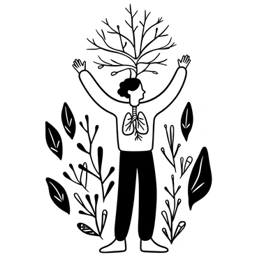 A person standing in a relaxed position, with their arms slightly raised. From their chest, a set of trees emerges, their roots intertwined with the lungs. The trees have detailed branches and leaves extending upwards. The background is filled with more trees, creating a dense forest atmosphere. The overall composition highlights the connection between the person and nature, emphasizing the interaction of life and growth.