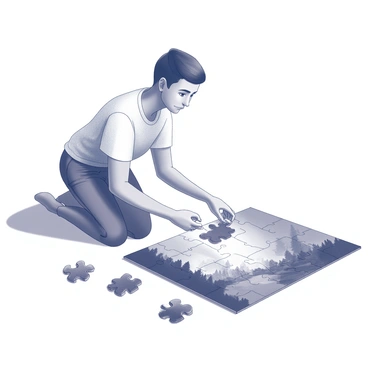 A person is kneeling on the floor, leaning forward as they focus intently on a large, nearly completed puzzle spread out in front of them. The puzzle is composed of various pieces with intricate designs, showcasing a vibrant landscape scene. The individual is holding the final piece, poised to place it into the empty slot, with a look of determination on their face. Surrounding the puzzle are scattered additional pieces, some upside down and others partially connected. The setting is indoors, with soft lighting illuminating the scene.