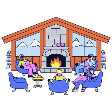 A mountain ski lodge made of wood and stone, featuring a large, inviting fireplace at the center. The fireplace has a crackling fire with orange and yellow flames, surrounded by a stone hearth. Several skiers are seated on comfortable chairs and sofas, wrapped in cozy blankets. They are wearing colorful ski attire, with helmets and goggles resting on nearby tables. Snowy mountains can be seen through large windows, adding a winter backdrop to the scene. The lodge is decorated with ski equipment and warm lighting, creating a welcoming atmosphere.
