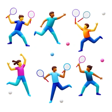 Dynamic graphic designs of badminton players in action decorating a store's walls. The players are depicted in various poses, including a player executing a powerful smash, another in the midst of a high jump for a shuttlecock, and one performing a swift footwork maneuver. Each player showcases distinct athletic attire, with vibrant colors that capture the energy of the sport. The background is filled with stylized badminton shuttlecocks and rackets, enhancing the sense of movement and excitement. The designs are arranged in a way that creates a lively and engaging atmosphere throughout the store.