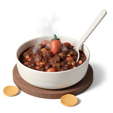 A ceramic bowl filled with rich, dark red chili, featuring chunks of ground meat, kidney beans, and diced tomatoes. The chili has a glossy surface, with steam rising gently from it, creating a warm atmosphere. On top of the chili, there is a small, vibrant "ghost pepper" resting dramatically, its bright red color contrasting sharply against the dark chili. The bowl is placed on a rustic wooden table, with a few scattered corn tortilla chips nearby. A spoon, slightly angled in the bowl, adds to the inviting presentation of the dish.
