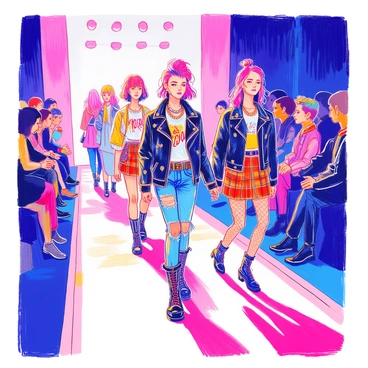 A fashion show setting features a runway with bright lighting illuminating the scene. Models walk confidently down the runway, each showcasing unique, edgy outfits that reflect punk-inspired fashion. One model is wearing a black leather jacket adorned with spikes, paired with ripped denim jeans and heavy combat boots. Another model sports a plaid skirt layered over fishnet stockings, complemented by a graphic tee and chains. Bold hairstyles, such as bright-colored mohawks and asymmetrical cuts, add to the rebellious look. The audience is visible in the background, captivated by the striking designs.