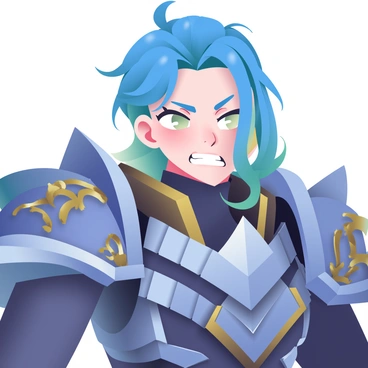A close-up portrait of a League of Legends champion with pale skin and bright blue hair. The character is wearing elaborate, metallic armor adorned with intricate designs and engravings. The armor features sharp angles and layered plates that reflect light. A fierce expression is on the champion's face, with glowing eyes that add intensity to the portrait. The background is softly blurred, highlighting the detailed textures of the armor and the character's facial features.