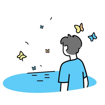 A person standing by a tranquil pond, gazing down at the water's surface. The person has short brown hair and is wearing a light blue shirt. Around them, various butterflies in shades of yellow, orange, and blue flutter softly in the air. Their reflections ripple gently on the pond, creating a serene interaction between the person and the butterflies. The scene captures the moment of stillness and connection with nature.