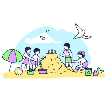 A sunny beach scene is depicted with a wide stretch of golden sand. In the foreground, a group of children is joyfully building sandcastles, some using colorful plastic buckets and shovels. One child is shaping a sand tower, while another is carefully placing seashells on the castle. In the background, several seagulls are soaring above the beach, their wings spread wide as they glide through the clear blue sky. Nearby, a colorful beach ball rests partially buried in the sand, and a beach umbrella is planted in the ground, providing shade.