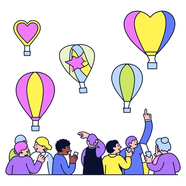 A vibrant hot air balloon festival with multiple balloons in the sky. Each balloon has a unique shape, including a heart, a star, and a classic round shape. The balloons display various bright colors such as red, yellow, blue, and green. The sky is clear, providing a perfect backdrop for the soaring balloons. Below, a crowd of spectators watches in awe, some pointing at the balloons while others take pictures.
