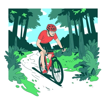 A cyclist wearing a bright red helmet is speeding down a forest trail. The trail is lined with tall trees, their leaves forming a rich canopy above, filtering the sunlight into beams. The greenery around the cyclist is vibrant, with ferns and wildflowers peeking through the underbrush. The cyclist is focused, leaning forward slightly as they navigate the winding path, with a determined expression on their face. The ground is covered in a mix of dirt and small pebbles, kicking up a cloud of dust behind the cyclist as they ride swiftly through the serene forest setting.