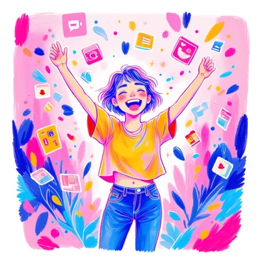 A person stands in the center of the image, their eyes wide and mouth open in an expression of joy. They have short hair and are wearing a bright t-shirt and jeans. Surrounding them, numerous "notification icons" with various designs and colors are floating in the air, creating a dynamic and lively atmosphere. The icons include symbols for messages, likes, and alerts. The person's arms are raised in excitement, and their body posture conveys exuberance. The background is filled with bright colors to enhance the feeling of energy and enthusiasm.