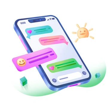 A smartphone screen displaying a lively chat conversation filled with colorful emojis. The screen features text bubbles in various shades, with messages appearing in a vibrant mix of colors. Each bubble has accompanying emojis, including smiling faces, hearts, and thumbs up, all in bright hues. The background of the smartphone is sleek, emphasizing the animated nature of the conversation.