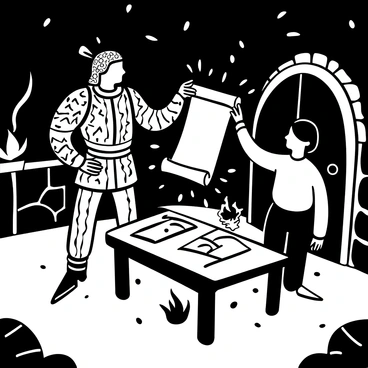 A lord in ornate armor, decorated with intricate patterns, stands on one side, holding a scroll tightly in one hand. The vassal, dressed in simpler yet elegant clothing, reaches out to take the scroll. The dimly lit stone chamber features rough walls, illuminated by flickering torches casting shadows. A wooden table in the center holds various maps and quills, while a large, heavy wooden door looms in the background. Dust particles are visible in the air, adding to the atmosphere of secrecy.