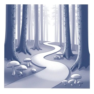 A winding forest path stretches through dense trees, their trunks tall and textured. Along the sides of the path, there are several clusters of mushrooms forming "fairy rings," with their caps rounded and evenly spaced in a circular pattern. The ground is covered with a layer of fallen leaves and moss, adding to the natural ambiance. Sunlight filters through the canopy above, creating patches of light that illuminate the mushrooms in delicate contrast to the surrounding shadows.