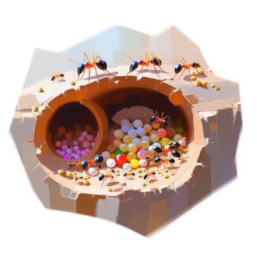 A cutaway view of an ant colony, revealing a complex network of chambers and tunnels. The image shows several distinct chambers, including a nursery chamber filled with larvae and eggs, a larger food storage area with seeds and other provisions, and a queen's chamber where the queen ant is resting surrounded by worker ants. The tunnels connecting these chambers are narrow and winding, with some ants in various stages of movement throughout the colony. The soil surrounding the colony is visible, highlighting the intricate structure of the underground habitat. Small details such as faint markings on the tunnel walls and the texture of the soil enhance the overall depiction of this bustling ant society.