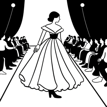 A French girl walking the runway, wearing a stunning gown that flows elegantly around her. The gown features intricate details and layers that create a dramatic effect. The runway is lined with bright lights and cameras capturing the moment. The audience can be seen in the background, showing a sense of excitement. The girl has her arms gracefully positioned, exuding confidence as she strides forward.