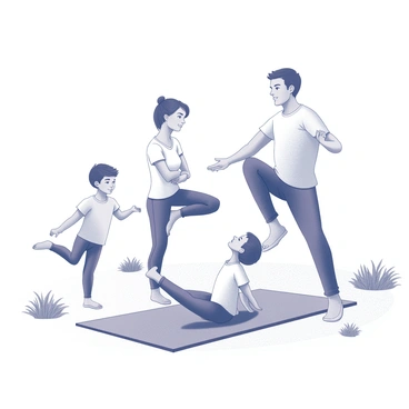 A family of four is practicing Pilates together in their backyard. The mother is demonstrating a stretch on a mat, while the father is performing a balancing pose beside her. Two children, a boy and a girl, are following along. The boy is in a seated position, focusing on his form, while the girl is playfully trying a pose that requires her to balance on one foot. Surrounding them are patches of grass, and a few trees can be seen in the background. The scene captures the essence of family bonding and fitness.