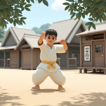 A young boy, wearing a traditional sumo wrestling mawashi, is practicing sumo wrestling in a rural village setting. He has a determined expression on his face as he stands in a wide stance, arms raised in a defensive position. The ground beneath him is dirt, surrounded by wooden structures typical of a rural village. In the background, there are trees and a small thatched-roof house, adding to the scene's authenticity. Sunlight filters through the leaves, casting dappled shadows on the ground.