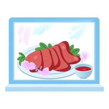 A restaurant window display showcases a "moo deng" dish beautifully arranged on a white plate. The dish features slices of glistening red pork, garnished with fresh herbs and colorful vegetables. Beside the plate, a small bowl of dipping sauce is placed, adding a vibrant contrast to the arrangement. The window is surrounded by soft, gradient pastel colors, enhancing the visual appeal of the dish and creating a warm atmosphere. The display includes subtle lighting that highlights the texture of the food, inviting passersby to take a closer look.