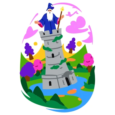 An ancient wizard with a long white beard and a deep blue robe stands atop a spiraling stone tower. The wizard holds a gnarled wooden staff topped with a glowing crystal. The tower features intricate carvings and is covered with creeping vines. Below, a vibrant magical landscape spreads out, filled with colorful, whimsical trees and shimmering lakes. The sky is painted with swirling clouds in shades of purple and gold, and fantastical creatures can be seen flying in the distance.
