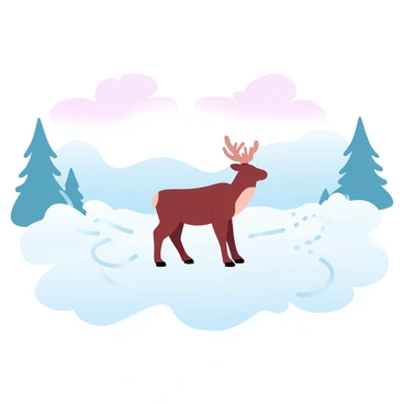 A caribou is standing at a crossroads in a snowy landscape. The snow covers the ground, creating a pristine white blanket. Trails in the snow lead off in multiple directions, showing the paths taken by other animals. In the background, there are gently rolling hills covered in snow, and patches of evergreen trees are visible. The sky displays gradient pastel colors, transitioning softly from pale pink to light blue, adding a tranquil atmosphere to the scene.