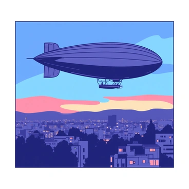 A large zeppelin with a streamlined shape is floating gracefully above a bustling cityscape at twilight. The zeppelin is illuminated by soft lights, casting a warm glow against the evening sky. Below, the city is alive with activity; buildings are adorned with bright lights, and silhouettes of people can be seen moving through the streets. The sky is painted in hues of deep blue and soft orange as the sun sets, creating a striking contrast with the illuminated city below. The zeppelin's shadow gently drifts over the rooftops, highlighting the sense of height and grandeur.