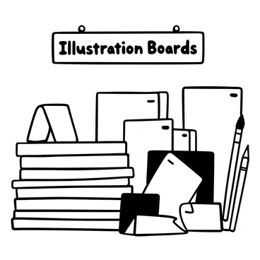 A display in an art supply store featuring several stacks of illustration boards in various sizes. Each stack is neatly organized, showcasing the flat surfaces of the boards. Some boards are larger, standing upright, while others are smaller and laid flat. There is a sign above the display with the words "Illustration Boards" prominently featured. A few paintbrushes and pencils are placed next to the boards, adding to the artistic theme of the display.