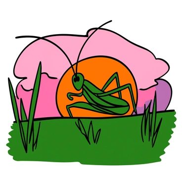 A grasshopper with detailed features and long antennae is standing on a blade of grass. The background is filled with a vibrant sunset, showcasing a gradient of orange, pink, and purple hues in the sky. The open field is dotted with tall grass swaying gently in the breeze, adding depth to the scene. The silhouette of the grasshopper is stark against the colorful sky, emphasizing its form.