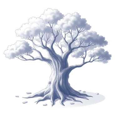 A large, intricate tree with a thick trunk and sprawling branches occupies the center of the image. The tree's bark is textured with deep grooves and knots, showcasing its age and strength. The branches extend outward, some reaching upwards and others drooping slightly, covered in a variety of leaf shapes and sizes. Beneath the tree, the roots are visible, sprawling across the surface and intertwining with the ground. Surrounding the base of the tree, several small eraser shavings are scattered on the illustration paper, hinting at recent drawing activity. The paper itself has a subtle texture, enhancing the overall feel of the sketch.