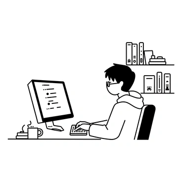 A programmer sitting at a desk, intently focused on typing lines of code on a computer keyboard. The desk is cluttered with a few technical books and a coffee mug. The monitor in front of the programmer displays lines of code, with various symbols and structures clearly visible. The programmer is wearing glasses and a hoodie, and has short hair. The room has a few shelves filled with more books and gadgets in the background.