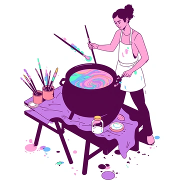 An artist is standing in front of a large, round cauldron filled with vibrant paint. The cauldron is perched on a wooden table cluttered with various paintbrushes of different sizes. The artist, wearing a white apron splattered with paint, is using two paintbrushes, one in each hand, to create colorful swirls in the thick paint. The swirls are blending together, forming a mesmerizing pattern of hues. Around the cauldron, there are small jars filled with different colors, and paint splatters cover the table and floor. The atmosphere conveys a sense of creative energy and passion for art.