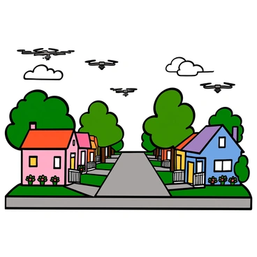 A quiet suburban street with light-colored pavement lined with quaint homes from the 1980s, featuring pastel-colored exteriors and neatly trimmed lawns. Each house has distinct architectural details, such as front porches with white railings and flowerbeds filled with vibrant blooming plants. Overhead, several small drones are flying, their propellers visible, casting tiny shadows on the ground below. The sky is clear with a few fluffy white clouds, and a gentle breeze rustles the leaves of the trees lining the street.
