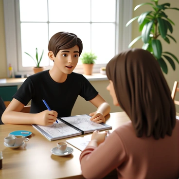 An artist with short brown hair is sitting at a wooden table, doodling initial ideas in a spiral-bound notebook. The artist is wearing a black t-shirt and has a focused expression. A steaming cup of tea sits on the table next to the notebook. Across from the artist, a client with long, wavy hair is engaged in conversation, leaning forward with an interested look. The background features a cozy, well-lit room with plants on the windowsill and art supplies scattered around. The scene captures a moment of collaboration and creativity.