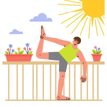 A person with short brown hair wearing a bright green tank top and gray shorts is doing leg raises on a wooden balcony. The balcony has potted plants with colorful flowers positioned on the railing. The sun is shining brightly, casting warm rays onto the scene, with a clear blue sky in the background. The person is focusing on their exercise, with one leg raised high and the other lowered. The overall atmosphere conveys a sense of active morning energy.