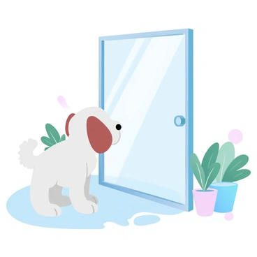 A fluffy puppy with soft fur is standing in front of a glass door, captivated by its own reflection. The puppy is tilting its head to one side, looking curiously at the image in the glass. Sunlight is streaming through the door, casting gentle shadows on the floor. The surroundings are decorated with a few potted plants positioned near the door, adding a touch of greenery to the scene. The glass surface reflects the puppy’s playful demeanor, creating a moment of intrigue and wonder.