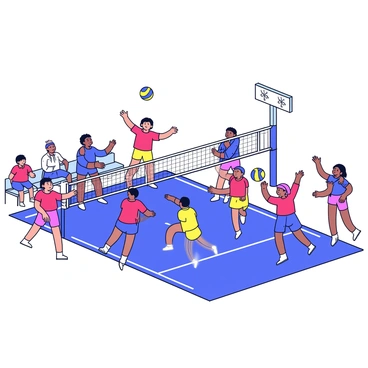A co-ed volleyball game is taking place on an indoor court. There are two mixed teams, one wearing red shirts and the other in blue shirts. Players are actively jumping and diving for the ball, which is soaring high above the net. The court has white boundary lines, and a volleyball net is set up in the center. Spectators can be seen in the background, with some sitting on benches along the sidelines, cheering for their teams. Bright overhead lights illuminate the scene, creating a lively atmosphere.