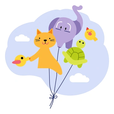 A collection of colorful balloons shaped like different animals is floating against a clear blue sky. The balloons include a bright orange cat, a purple elephant, a green turtle, and a yellow duck. Each balloon has distinct features, such as large eyes and playful expressions. The balloons sway gently in the breeze, creating a lively atmosphere as they drift upwards.