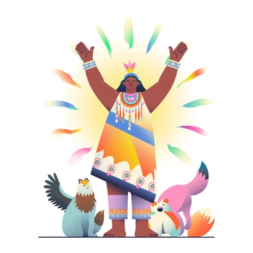 A shaman surrounded by prismatic light patterns and spirit animals
