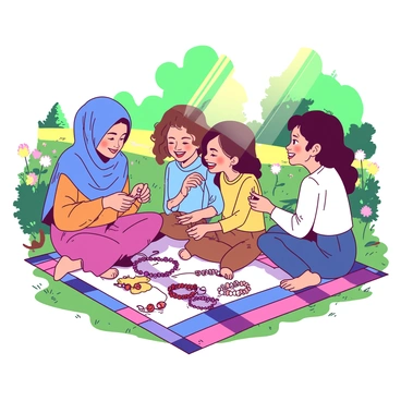 A group of four girls are sitting on a colorful picnic blanket in a park, surrounded by green grass and blooming flowers. One girl, wearing a blue hijab, is carefully threading beads onto a string to create a friendship bracelet. Her friends, two girls with brown hair and one with black hair, are watching intently and laughing. One of the girls is holding a handful of colorful beads in her hands, while another is showing her bracelet, proudly displaying its vibrant patterns. Their expressions are joyful as they share stories, creating a warm and lively atmosphere. Sunlight filters through the trees, casting playful shadows on the blanket.