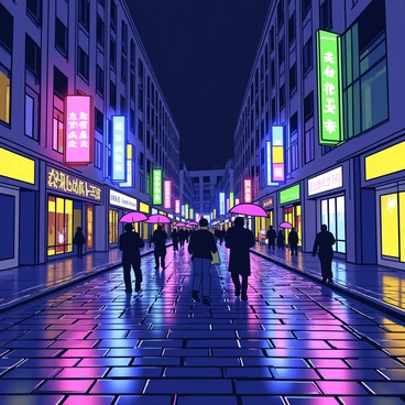 A rainy nighttime street in Beijing, with a wide view of the cobblestone pavement shining from the rain. The street is lined with tall buildings, their windows glimmering in the dim light. Bright neon signs in various colors, including red, blue, and green, illuminate the scene, casting colorful reflections on the wet ground. A few umbrellas are visible as people walk along the sidewalk, their silhouettes outlined by the vibrant light. Puddles of water can be seen, adding to the reflections of the neon signs.