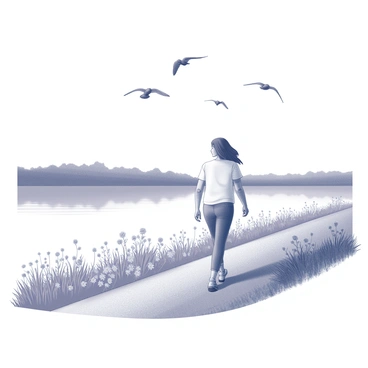 A person walking along a lakeside pathway. The individual has a relaxed posture and is wearing comfortable clothing suited for a morning stroll. The pathway is bordered by tall grass and scattered wildflowers. Above, several birds are flying in formation against a clear sky. In the background, the surface of the lake reflects the surroundings, adding to the tranquil atmosphere of the scene.