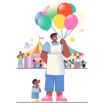 A vendor with medium skin and short black hair is standing at a fair, holding a large bunch of colorful helium balloons. The balloons are in various bright colors including red, blue, yellow, and green, and they are floating above the vendor's head. The vendor is wearing a white apron over a striped shirt, and there is a cheerful smile on their face. In the background, there are colorful tents and people enjoying various fair activities. A few small children can be seen looking up in awe at the balloons.