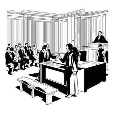 A duotone illustration features the interior of a 19th-century courtroom. The room is filled with tall wooden walls and elaborate moldings, showcasing the historical architecture of the period. There are several wooden benches occupied by various spectators, dressed in attire typical of the 19th century. Some are wearing hats, while others have their hands folded in their laps, attentively watching the proceedings. 

At the front, two lawyers stand beside a large wooden desk, engaged in animated conversation as they prepare for their case. The lawyers are dressed in formal suits, with one holding a stack of papers and the other gesturing with his hand. In the background, a judge sits at a raised platform, wearing a black robe, looking down at the scene with a focused expression. The lighting creates a somber atmosphere, highlighting the intricate details and solemnity of the courtroom setting.