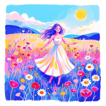 A woman is dancing joyfully in a vibrant field filled with various wildflowers, including daisies and poppies. She has long flowing hair that moves gracefully with her movements. She wears a light, flowing dress that flutters gently in the breeze. The sky above is bright and clear, showcasing a warm sun casting soft light over the scene. The colorful flowers surround her, creating a lively and cheerful atmosphere.