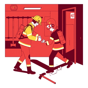 Two firefighters are hurriedly putting on their gear in a vibrant red room illuminated by bright lights. One firefighter, wearing a yellow helmet, is tightening the straps of his protective jacket while the other, with an orange helmet, is lacing up his black boots. Both are surrounded by various firefighting equipment, including hoses and axes, which are neatly arranged on the walls. An emergency alarm is ringing loudly, adding urgency to the scene, as the firefighters prepare to respond to the call.