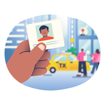 A close-up of a hand with light brown skin holding an ID card. The ID card is white with a photo of a young man with short black hair. The background features a bustling city scene with blurred figures of people walking and tall buildings. In the distance, a yellow taxi cab can be seen driving past. The hand is positioned prominently in the foreground, with the ID card slightly angled towards the viewer to highlight its details.