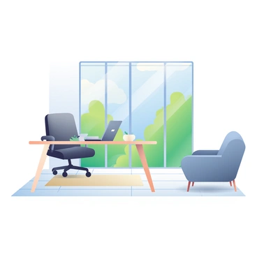 A minimalist office space featuring clean lines and large glass windows